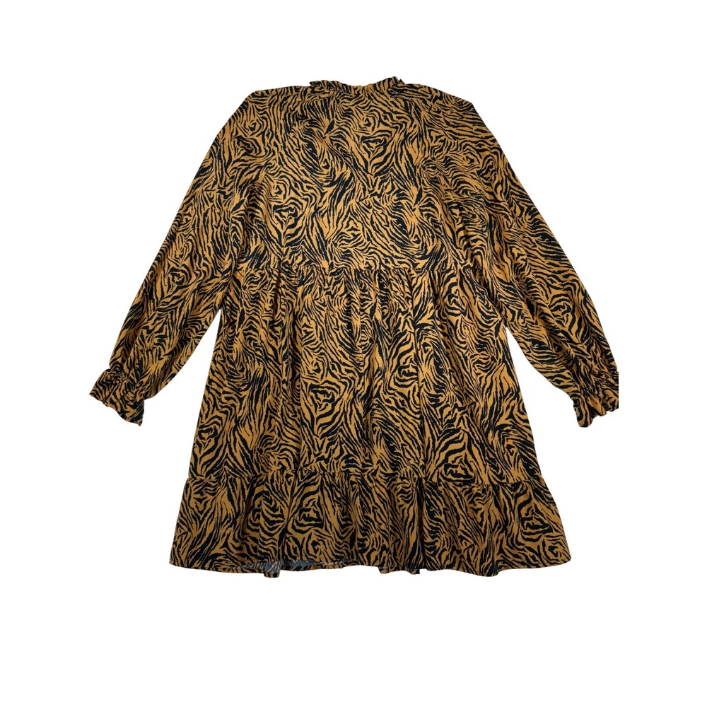 Women Tiger Print Mini Dress Orange Black Long Sleeve Tiered Babydoll L - Picture 2 of 4